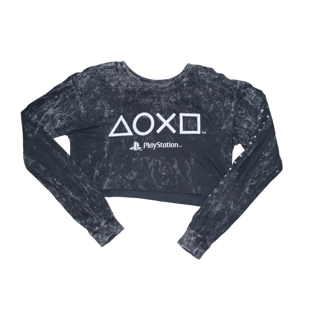 PlayStation Crop Top Shirt Women's Medium Black Graphic Long Sleeve PS Symbols